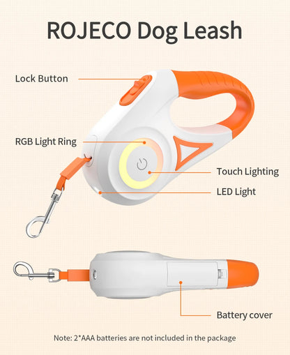 ROJECO 5M Automatic Retractable Dog Leash LED Luminous Leading Fashion Light Straps For Dog Puppy Pet Flexi Walking Running Lead