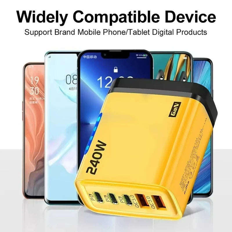 Yellow power bank with multiple USB ports in front of smartphone and tablet displays, labeled '240W'.